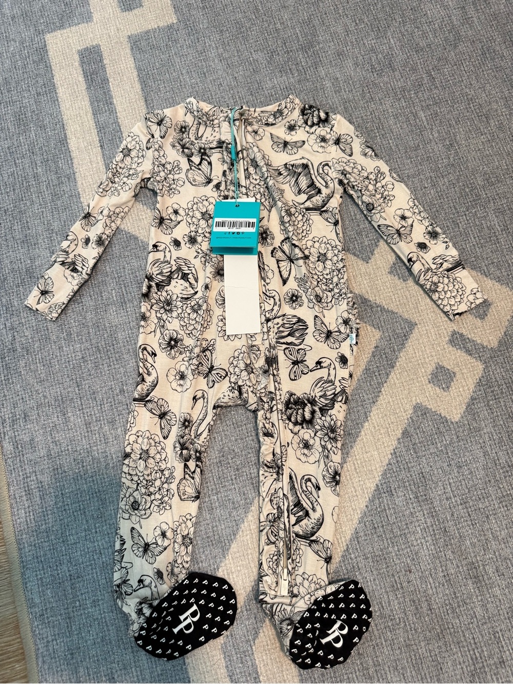 NWT Posh Peanut Cream Floral & Butterfly Footed One-Piece